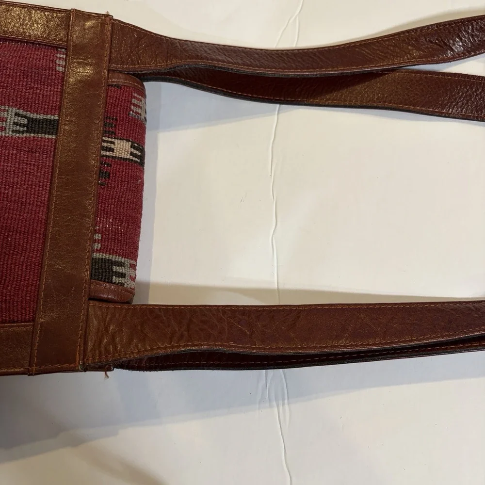 VTG YUN ART Turkish Kilim Wool Rust-Tan Leather Shoulder Bag Purse Boho Hobo